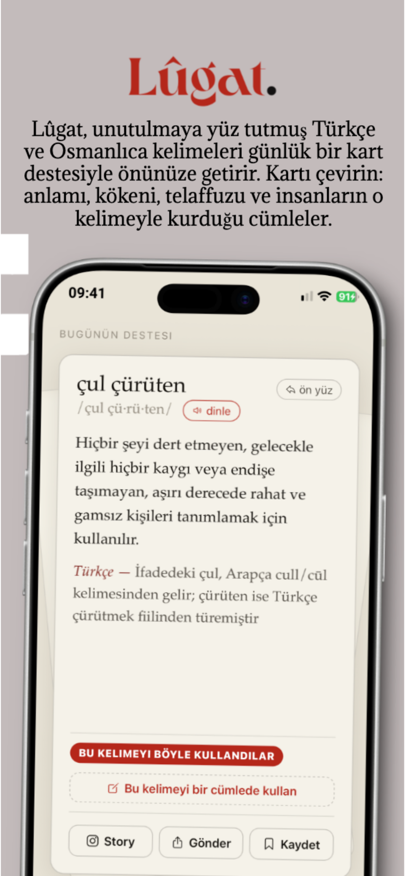 Lûgat — kartın arkası: anlam, köken, cümleler